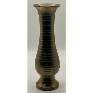 Solid Ribbed Brass Vase 8” Tall Vintage India Mid Century Modern Decor